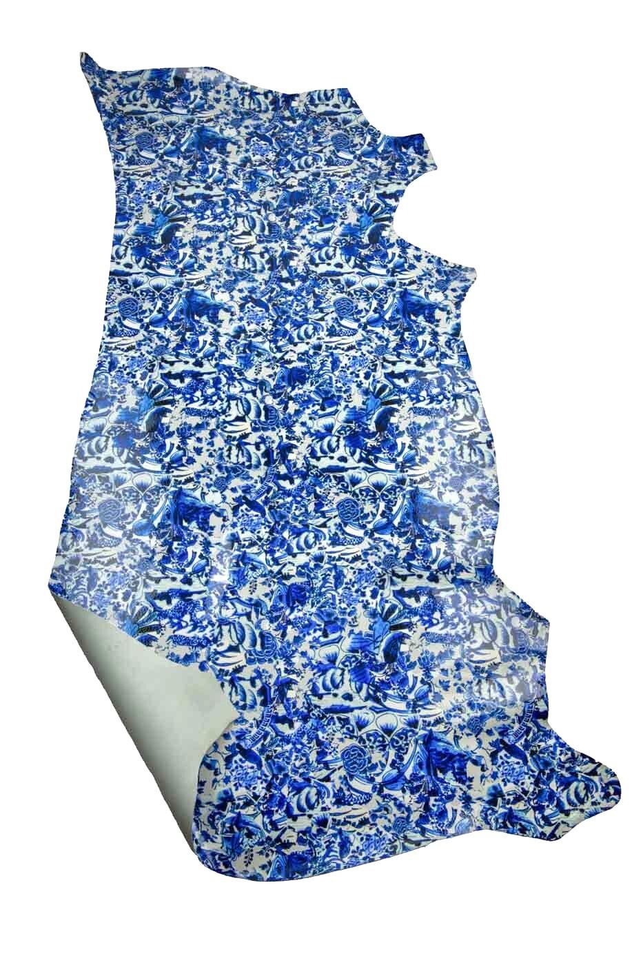 Blue FLORAL print on white PATENT calfskin, flower pattern on glossy leather hide, soft textured cowhide for hobbyists B19130-ST