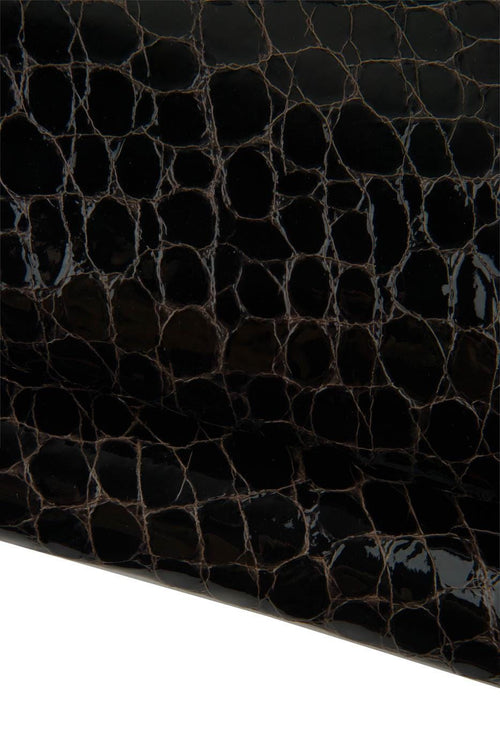 Black - brown CROCODILE printed leather hide, glossy soft PATENT textured calfskin, 0.8 - 1.0 mm, for crafters B19335-ST La Garzarara