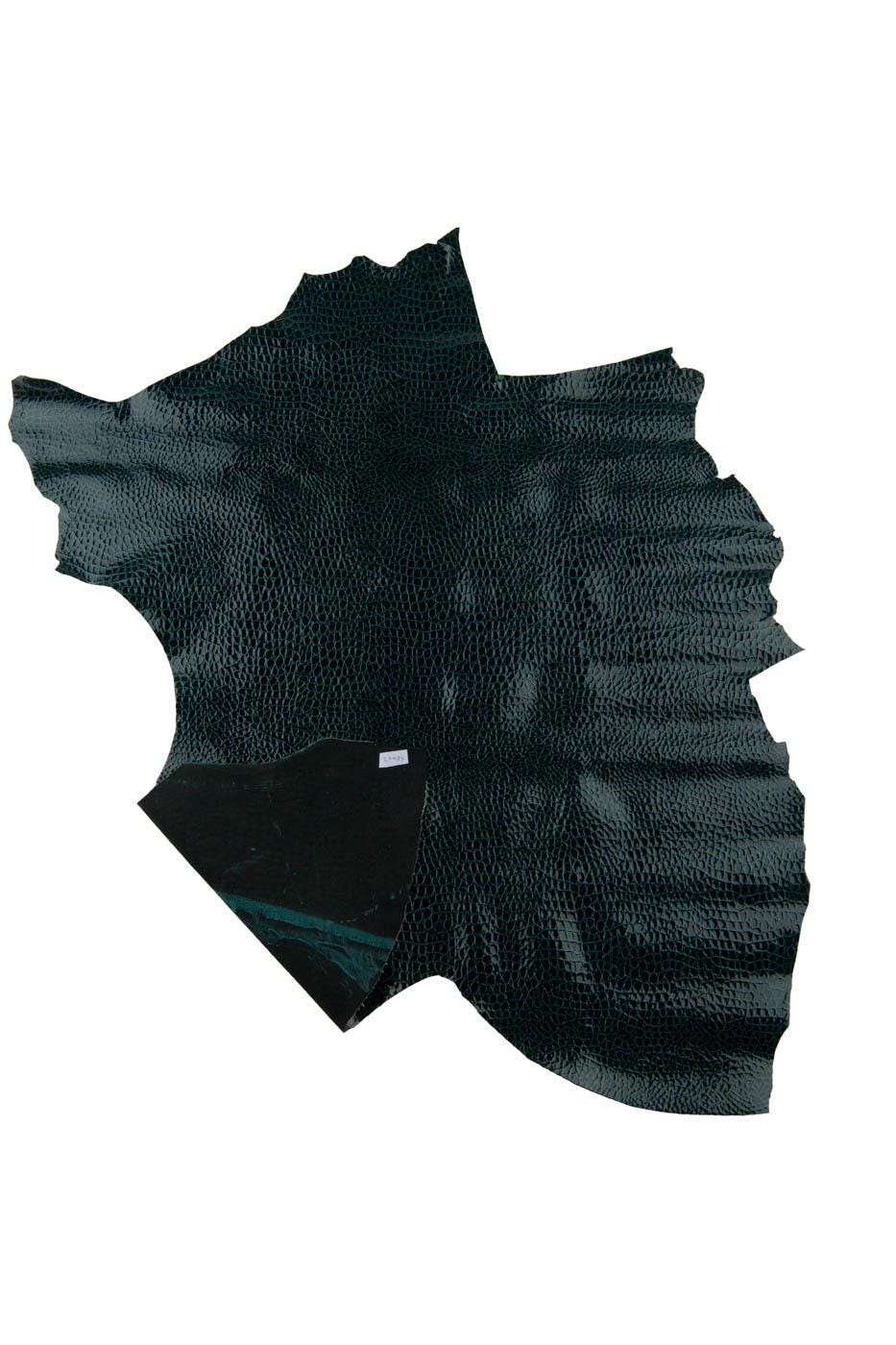 Black - green CROCODILE printed leather skin, glossy soft PATENT textured goatskin, 0.7 - 0.8 mm, for crafters B19345-ST La Garzarara
