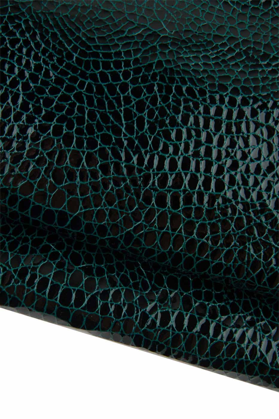 Black - green CROCODILE printed leather skin, glossy soft PATENT textured goatskin, 0.7 - 0.8 mm, for crafters B19345-ST La Garzarara
