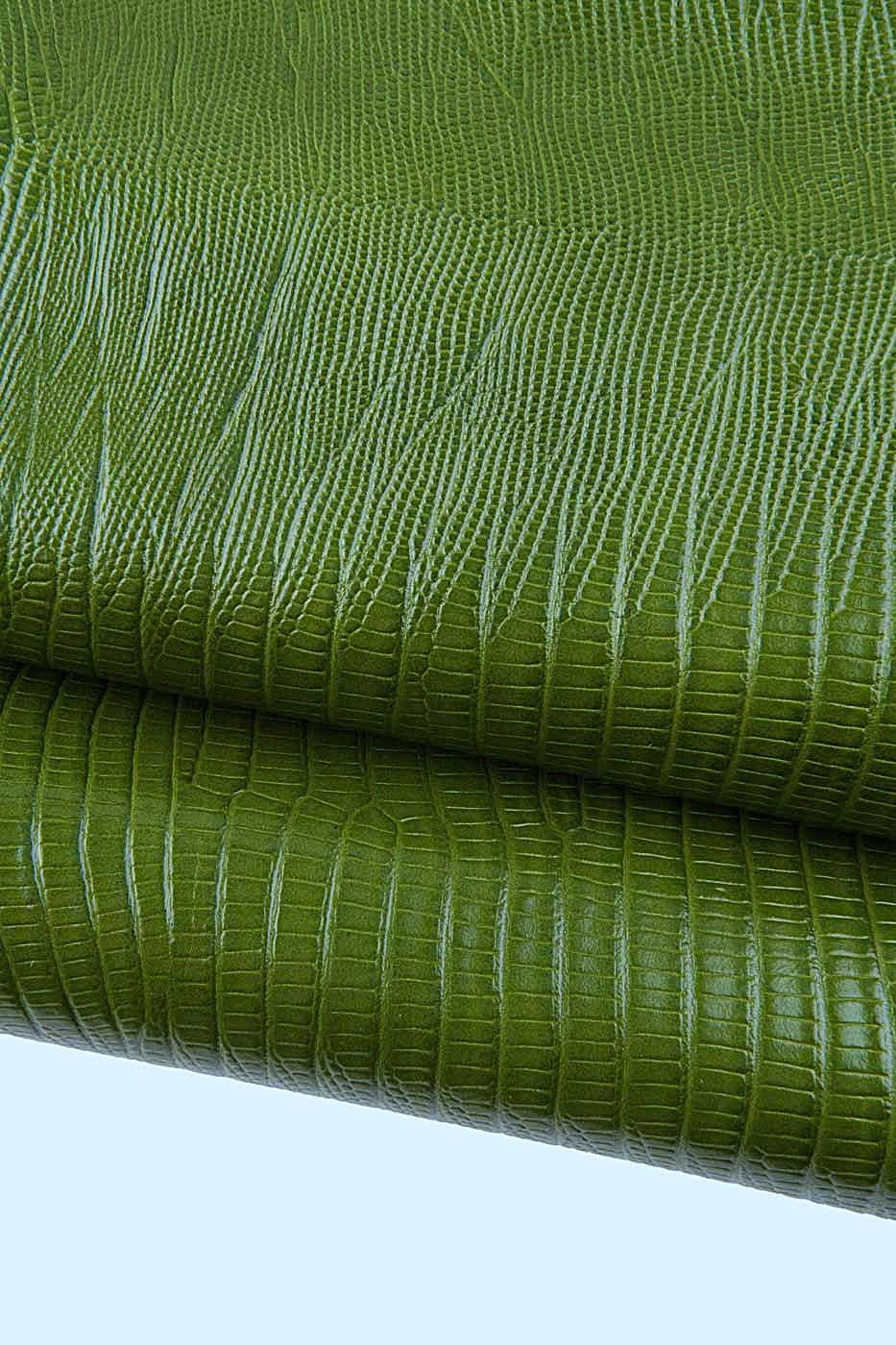 Green LIZARD leather hide, glossy reptile embossed cowhide, SOFT printed calfskin, 0.7 - 0.8 mm B19346-ST La Garzarara