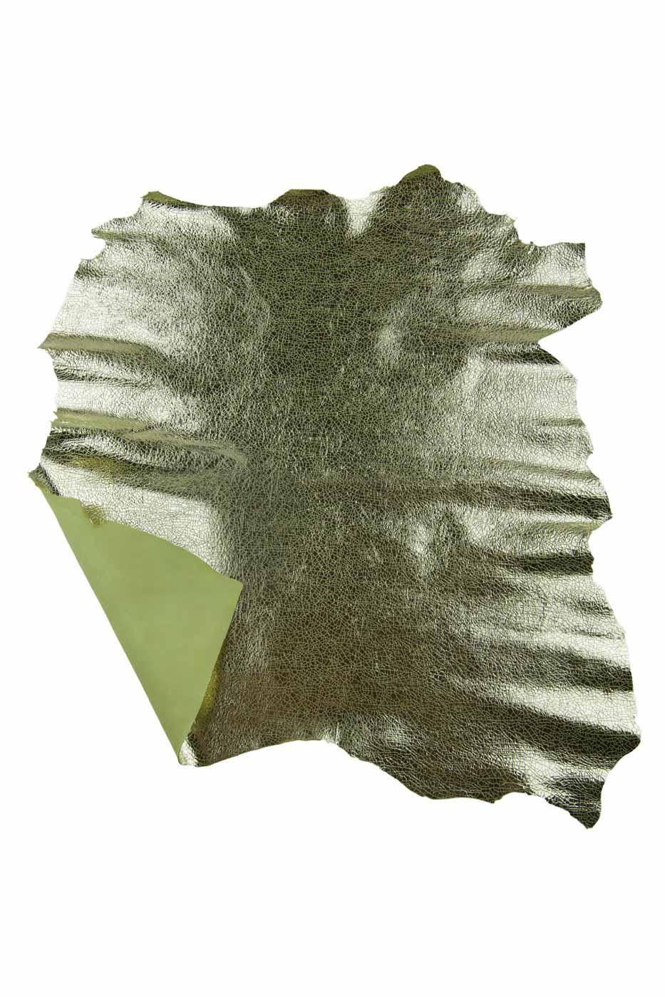 Light gold METALLIC leather skin, glossy CRACKLE print on yellow goatskin, soft sparkle material for crafters B19464-MT(st) La Gararara