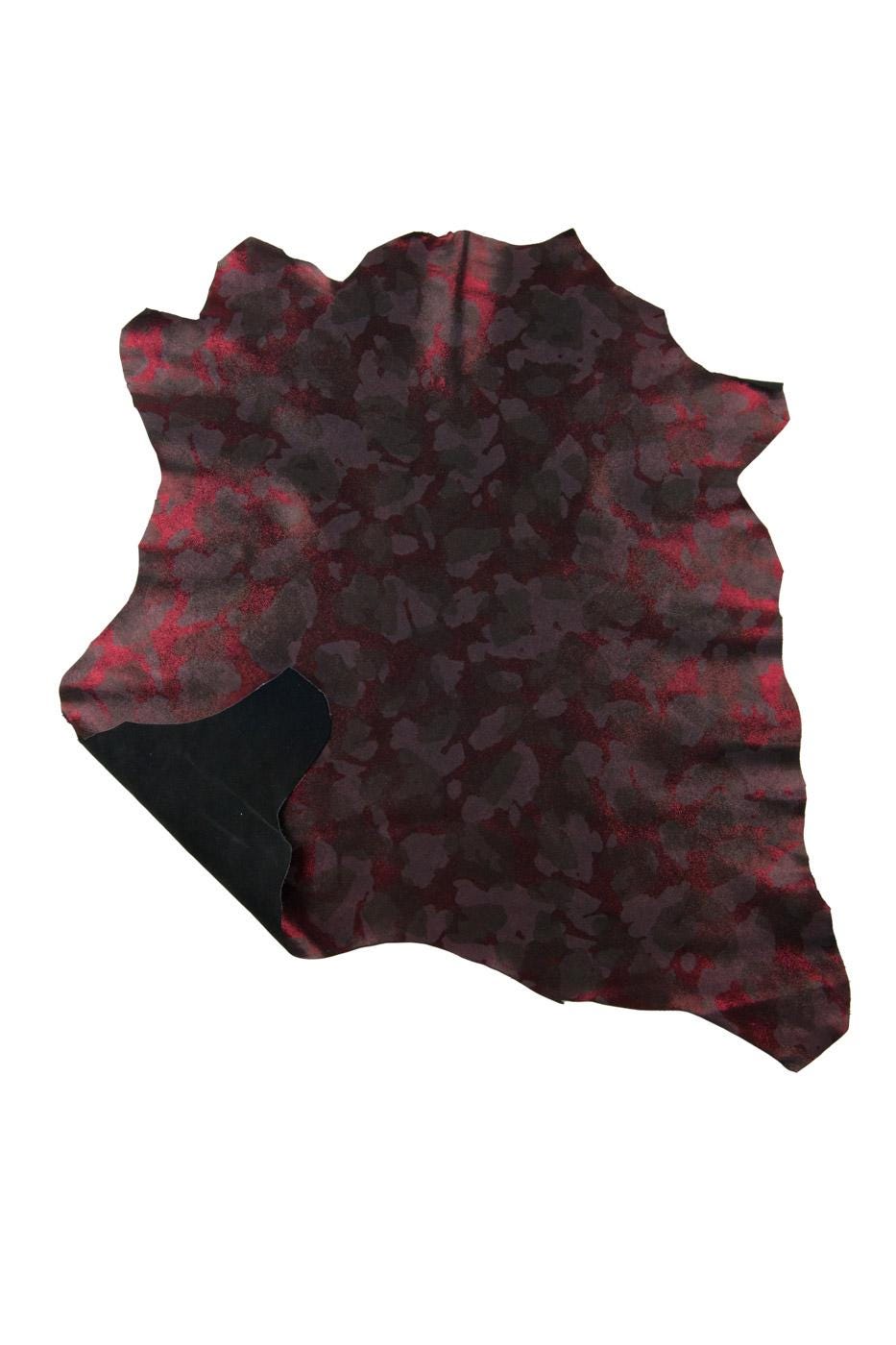 Burgundy - red CAMOUFLAGE printed leather skin, METALLIC textured soft goatskin for diy projects B19438-MT(st)