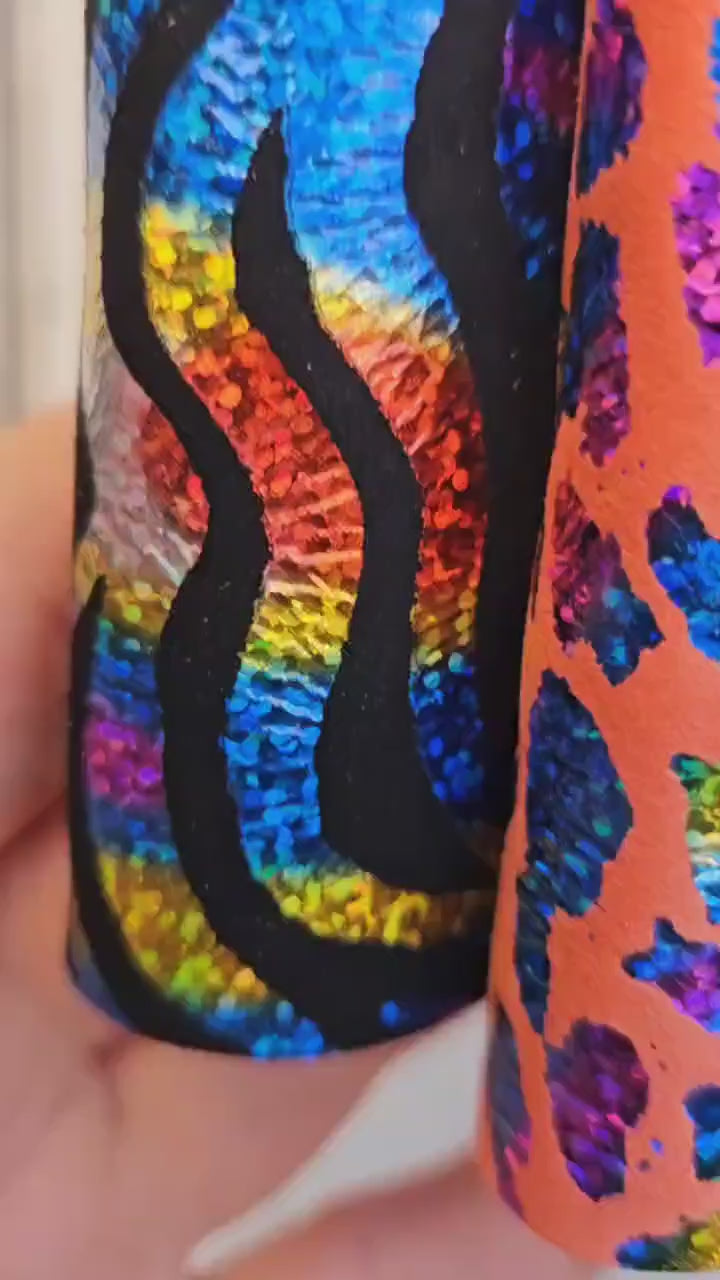 Rainbow Holographic Leather Scraps, Shimmer Metallic Offcuts, Colorful Animal Print Leather Pieces  6x5" / 15x12 cm RT222