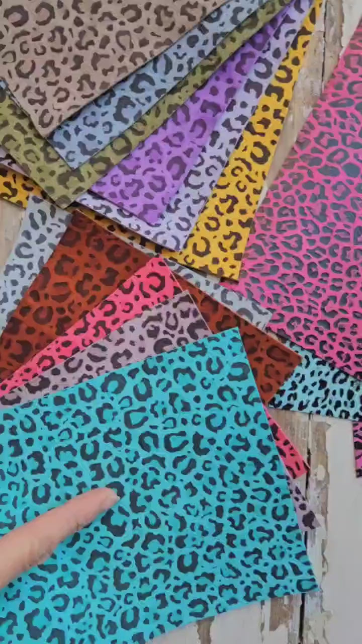 Colorful Leopard Print Leather Scraps, Multicolor Animal Print Offcuts, Random Assorted Cheetah Pieces for Crafts and DIY 6x5"  15x12 RT73/B