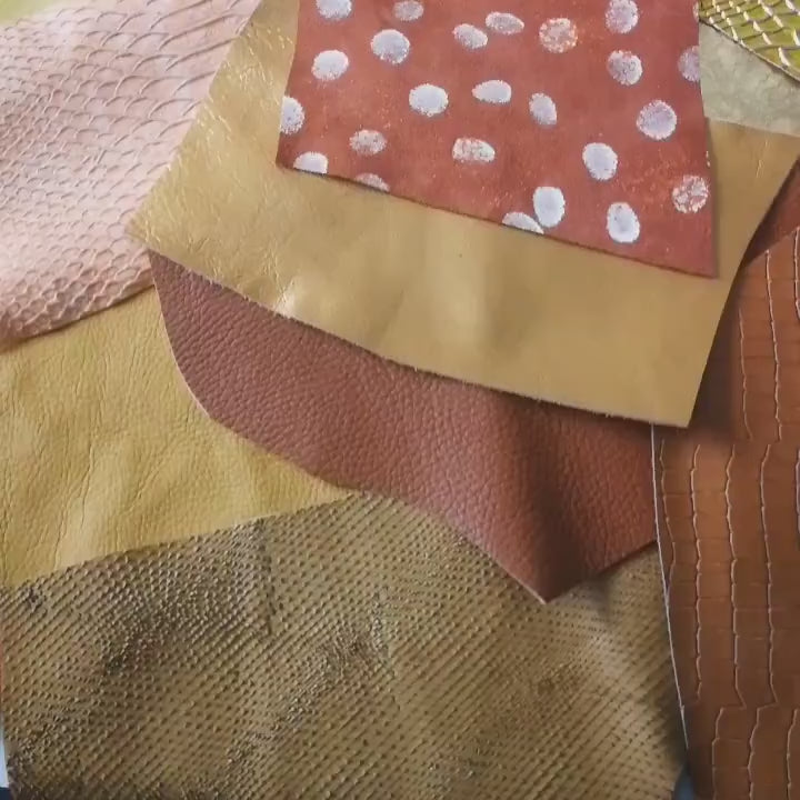 Orange and Gold Leather Scraps, Yellow Craft Offcuts, Mixed Patterns Textures and Special Finishes for Jewelry  for 1 lbs and 2 lbs B055