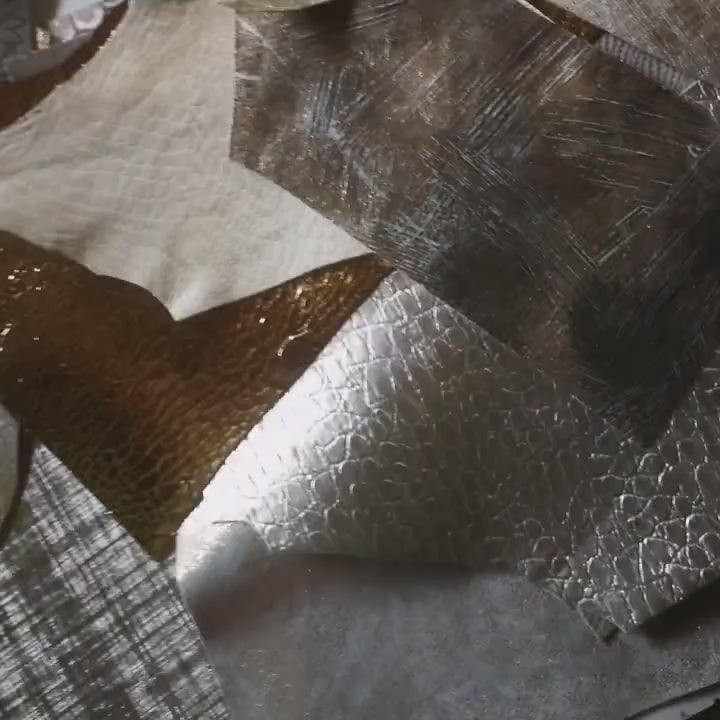 Leather scraps bag, GOLD, PLATINUM and BEIGE tones, fancy textures, foils and softness various, from 0,7 lbs to 2 lbs   B080