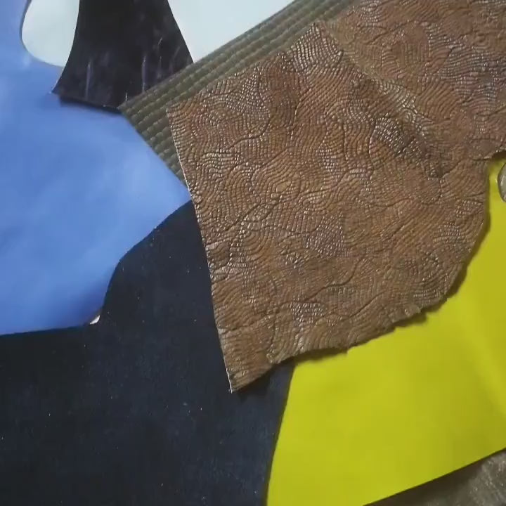 Blue green LEATHER scraps mix, printed and laminated leather pieces with different softness sold by weight 0.300–1 kg B079 La Garzarara
