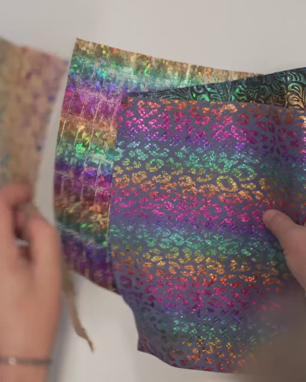 HOLOGRAPHIC Leather Scraps in Assorted Colors, 10 random various prints and tones 6x5"/15x12 cm and 10x8"/25x20 cm      RT302 La Garzarara